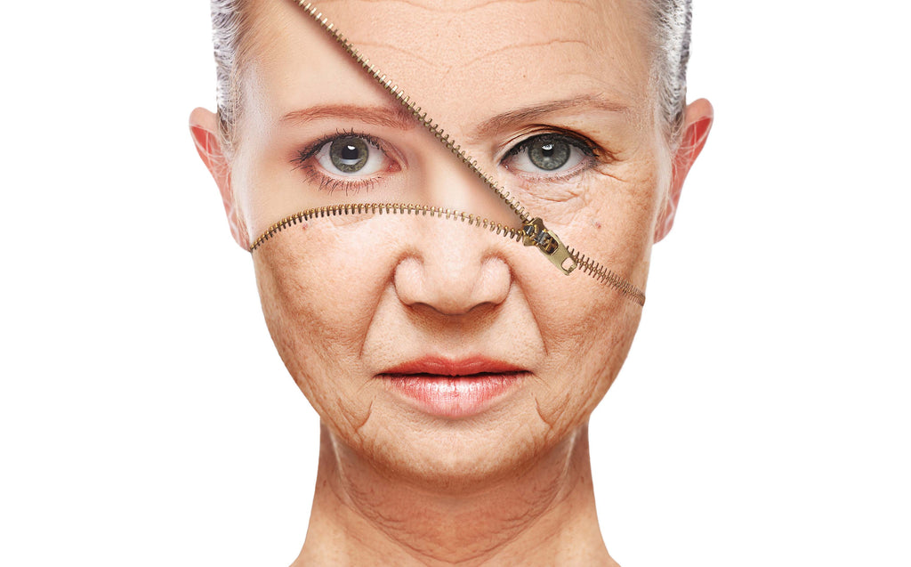 face with a zipper revealing a younger person